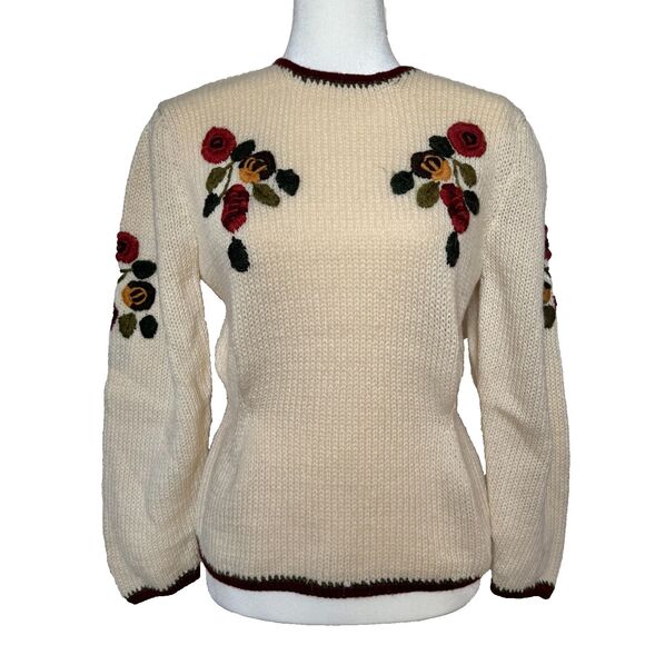 Vtg Cream Floral Embroidered Handknit Sweater Women’s 8 (fits XS/S) Cottagecore - Picture 1 of 8